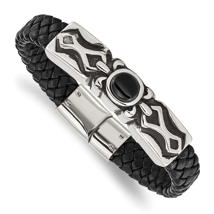 TreasureFineJewelers Bracelets Chisel Stainless Steel Antiqued and Polished with Black Onyx Braided Black Leather 825 inch Bracelet TreasureFineJewelers Bracelets Chisel Stainless Steel Antiqued and Polished with Black Onyx Braided Black Leather 825 inch Bracelet
