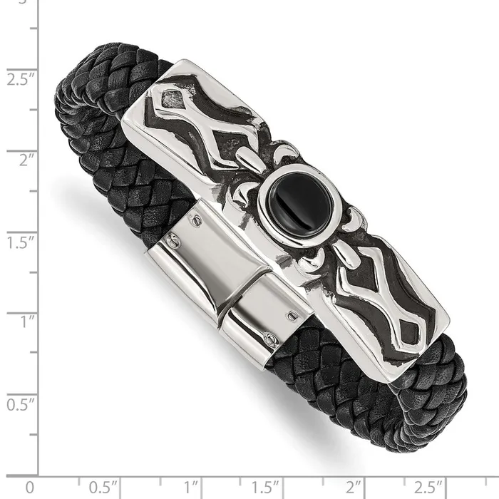 TreasureFineJewelers Bracelets Chisel Stainless Steel Antiqued and Polished with Black Onyx Braided Black Leather 825 inch Bracelet
