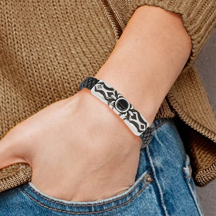 TreasureFineJewelers Bracelets Chisel Stainless Steel Antiqued and Polished with Black Onyx Braided Black Leather 825 inch Bracelet