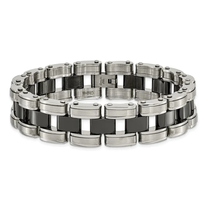 TreasureFineJewelers Bracelets Chisel Stainless Steel Brushed and Polished with Black Ceramic 85 inch Link Bracelet