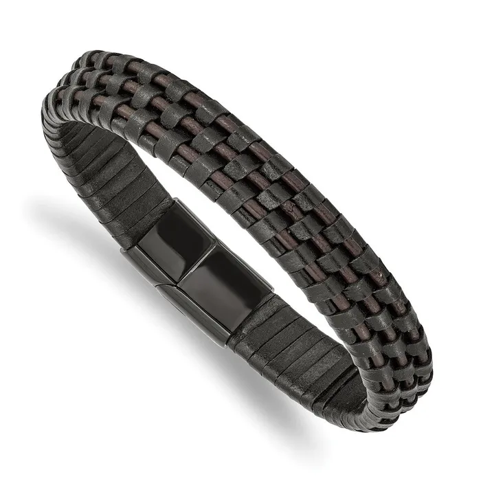 TreasureFineJewelers Bracelets Chisel Stainless Steel Polished Black IPplated Black and Brown Leather 825 inch Bracelet TreasureFineJewelers Bracelets Chisel Stainless Steel Polished Black IPplated Black and Brown Leather 825 inch Bracelet
