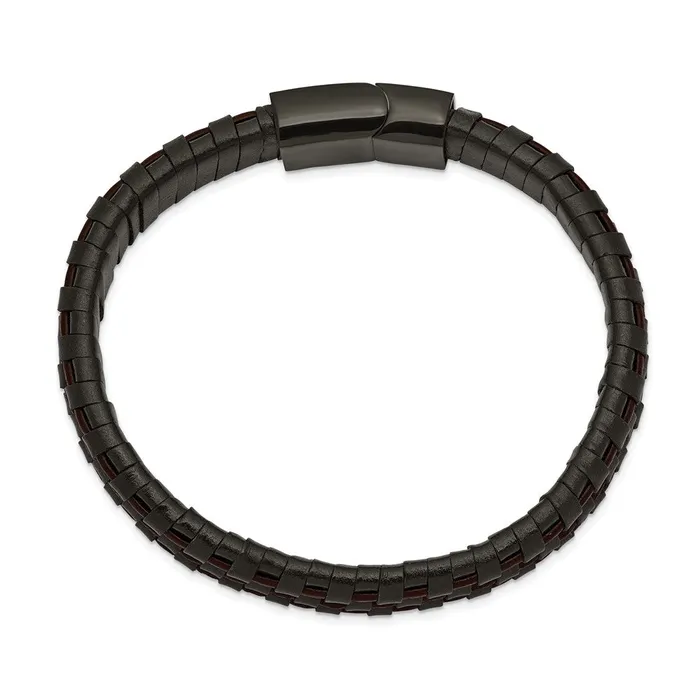 TreasureFineJewelers Bracelets Chisel Stainless Steel Polished Black IPplated Black and Brown Leather 825 inch Bracelet