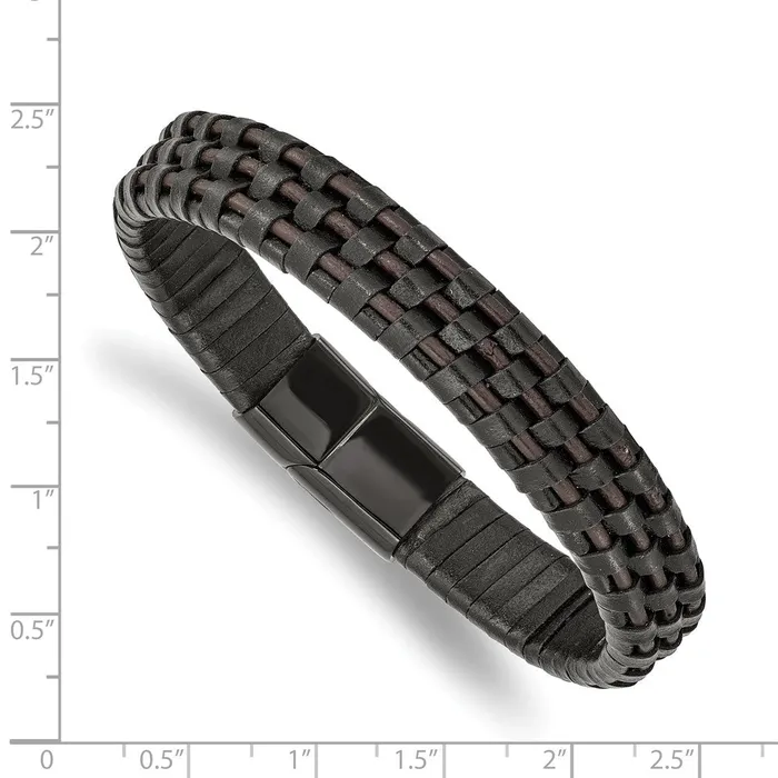 TreasureFineJewelers Bracelets Chisel Stainless Steel Polished Black IPplated Black and Brown Leather 825 inch Bracelet