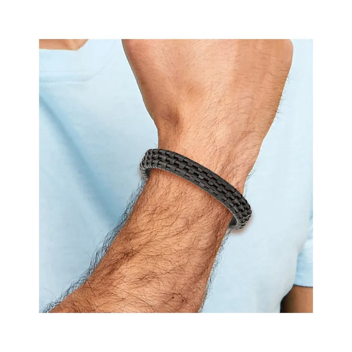TreasureFineJewelers Bracelets Chisel Stainless Steel Polished Black IPplated Black and Brown Leather 825 inch Bracelet