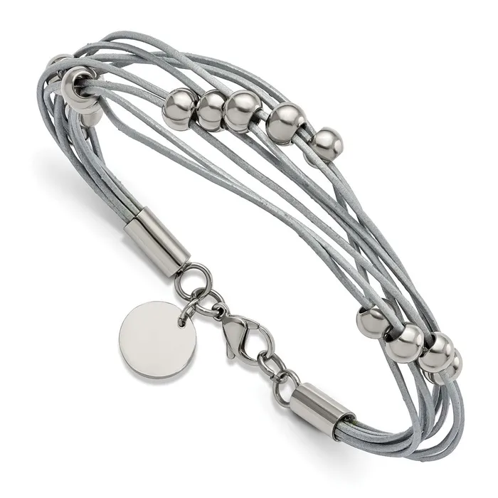TreasureFineJewelers Bracelets Stainless Steel Polished Beaded MultiStrand Grey Leather 8in Bracelet TreasureFineJewelers Bracelets Stainless Steel Polished Beaded MultiStrand Grey Leather 8in Bracelet