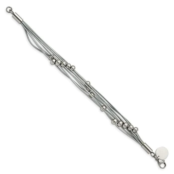 TreasureFineJewelers Bracelets Stainless Steel Polished Beaded MultiStrand Grey Leather 8in Bracelet