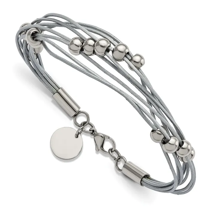 TreasureFineJewelers Bracelets Stainless Steel Polished Beaded MultiStrand Grey Leather 8in Bracelet