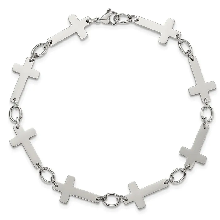 TreasureFineJewelers Bracelets Stainless Steel Polished Sideways Cross 10in Anklet