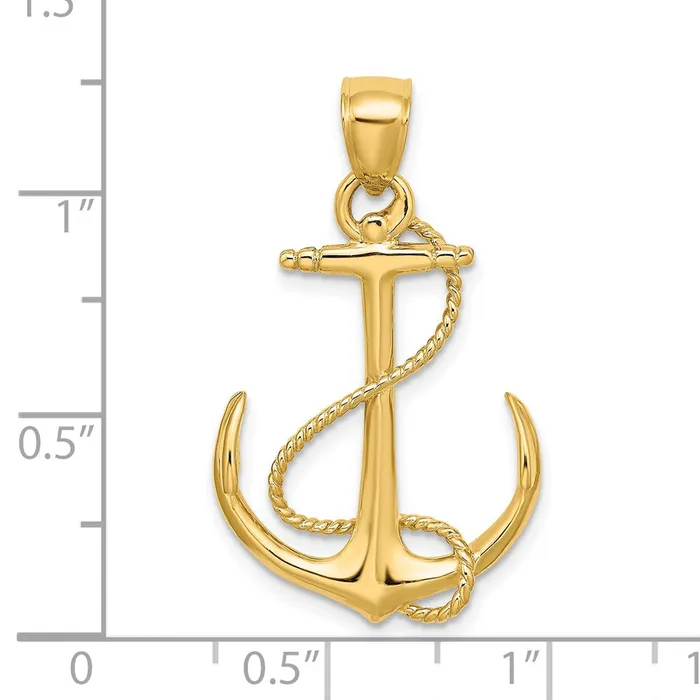 TreasureFineJewelers Charm Necklaces 14K 3D Polished and Textured Anchor wRope Charm
