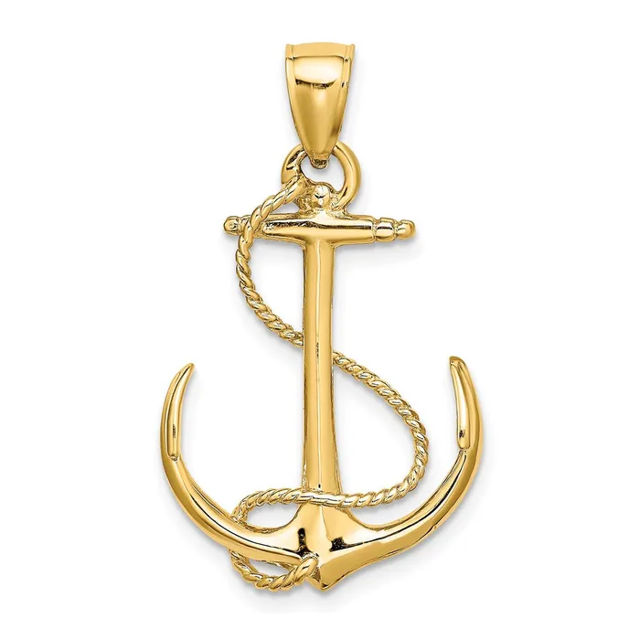 TreasureFineJewelers Charm Necklaces 14K 3D Polished and Textured Anchor wRope Charm
