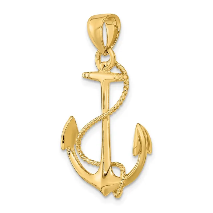 TreasureFineJewelers Charm Necklaces 14K 3D Polished and Textured Anchor wRope Charm