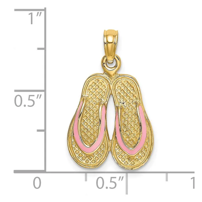TreasureFineJewelers Charm Necklaces 14k 3D W Pink Enamel Double FlipFlop Charm