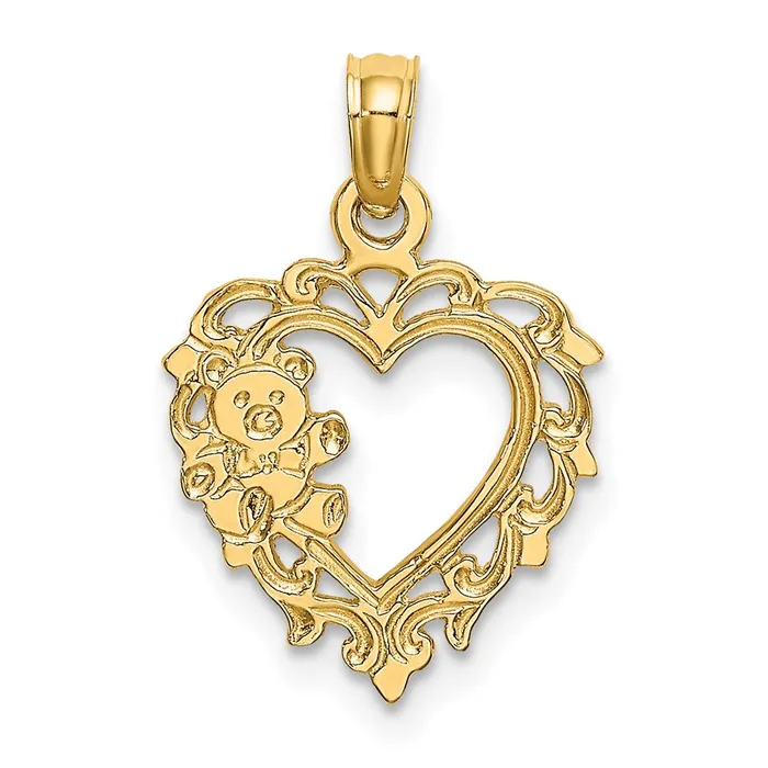 TreasureFineJewelers Charm Necklaces 14K Teddy Bear in Heart Charm