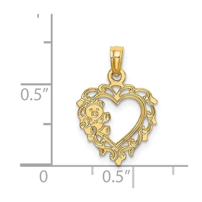 TreasureFineJewelers Charm Necklaces 14K Teddy Bear in Heart Charm