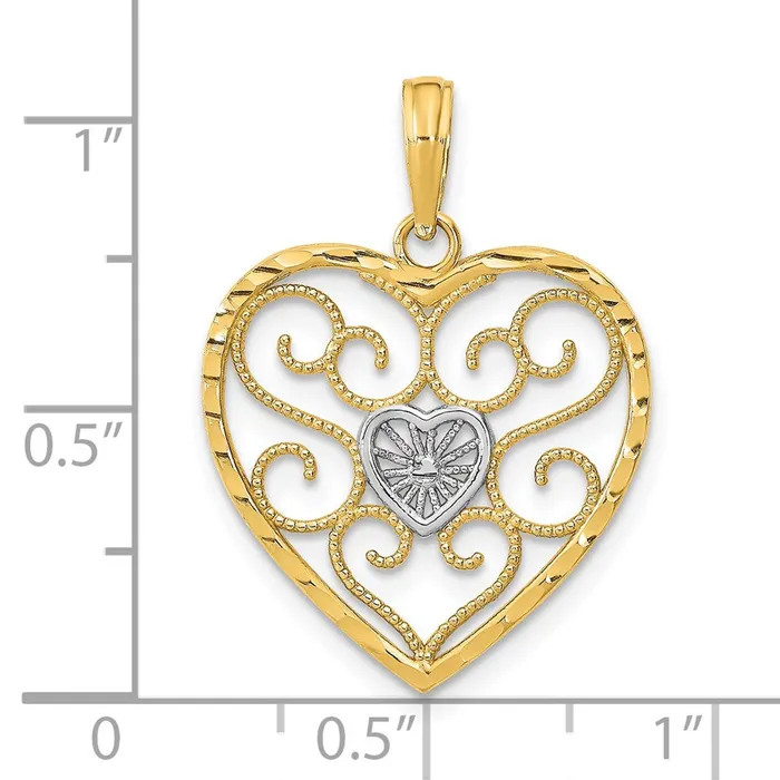 TreasureFineJewelers Charm Necklaces 14k wRhodium Filigree Beaded Heart Charm