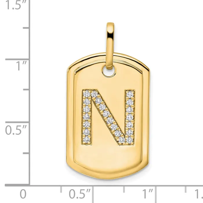 TreasureFineJewelers Charm Necklaces 14k Yellow Gold Diamond Initial N Dog Tag Charm