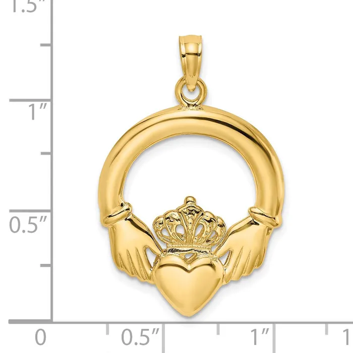 TreasureFineJewelers Charm Necklaces 14k Yellow Gold Polished Large Claddagh Heart Charm