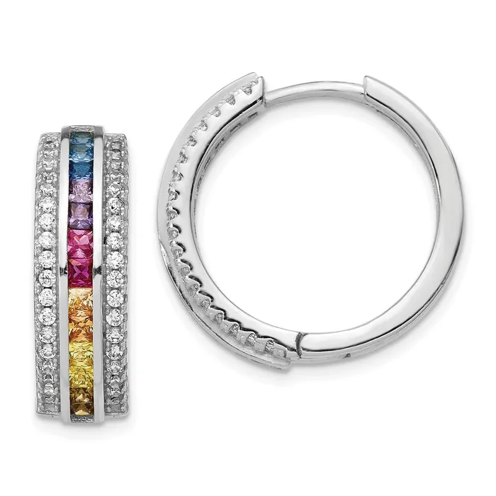 TreasureFineJewelers Earrings Prizma Sterling Silver Rhodiumplated Channel Set Colorful and White CZ Hinged Hoop Earrings