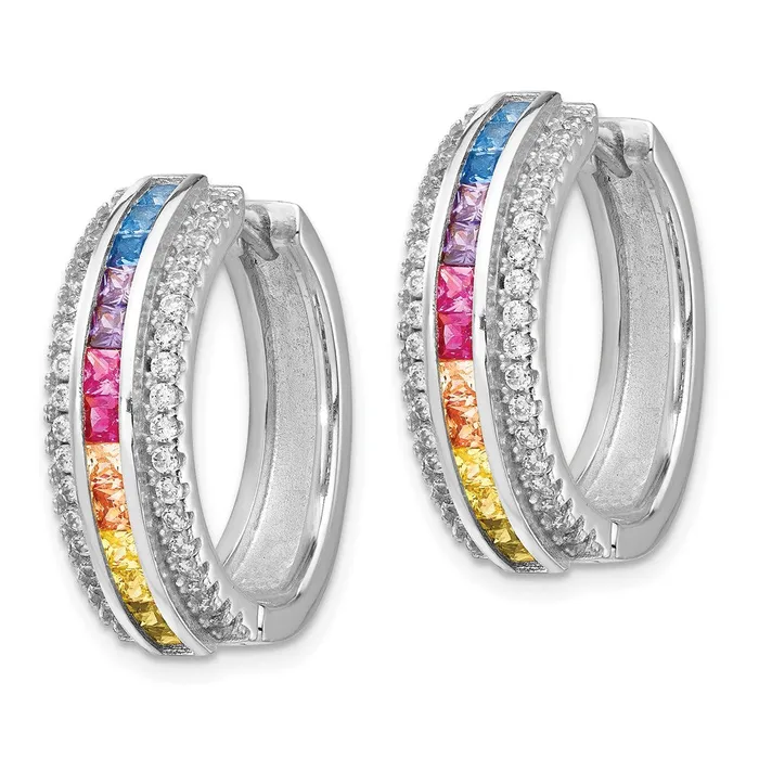 TreasureFineJewelers Earrings Prizma Sterling Silver Rhodiumplated Channel Set Colorful and White CZ Hinged Hoop Earrings