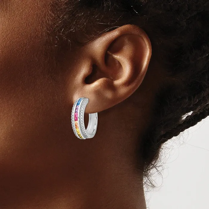 TreasureFineJewelers Earrings Prizma Sterling Silver Rhodiumplated Channel Set Colorful and White CZ Hinged Hoop Earrings