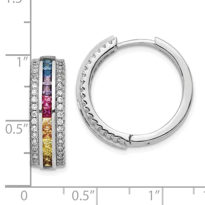 TreasureFineJewelers Earrings Prizma Sterling Silver Rhodiumplated Channel Set Colorful and White CZ Hinged Hoop Earrings