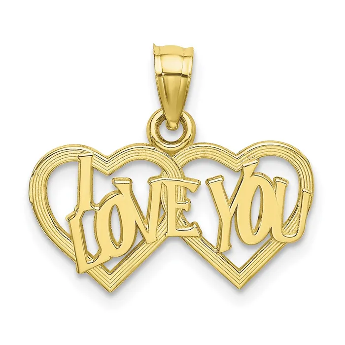 TreasureFineJewelers Necklaces 10K Polished Textured I LOVE YOU Double Heart Pendant