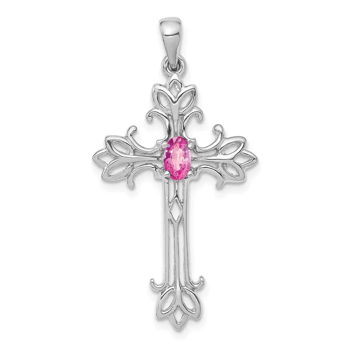 TreasureFineJewelers Necklaces 14k White Gold 5x3mm Oval Pink Sapphire cross pendant