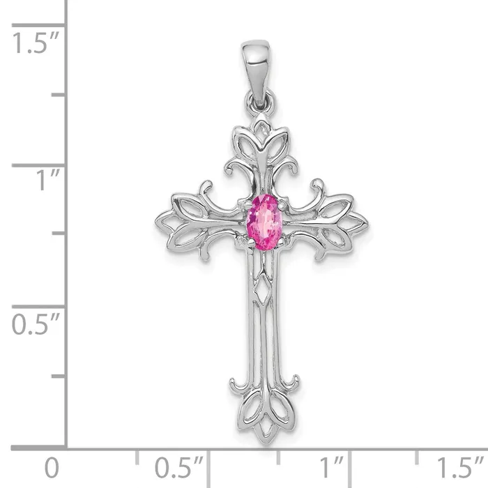 TreasureFineJewelers Necklaces 14k White Gold 5x3mm Oval Pink Sapphire cross pendant