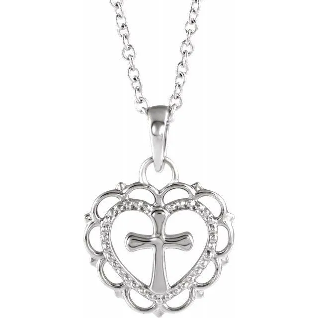TreasureFineJewelers Necklaces 14K White Youth Heart with Cross 1618 Necklace TreasureFineJewelers Necklaces 14K White Youth Heart with Cross 1618 Necklace