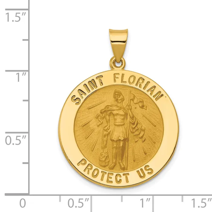TreasureFineJewelers Necklaces 14k Yellow Gold Polished and Satin St Florian Medal Hollow Pendant