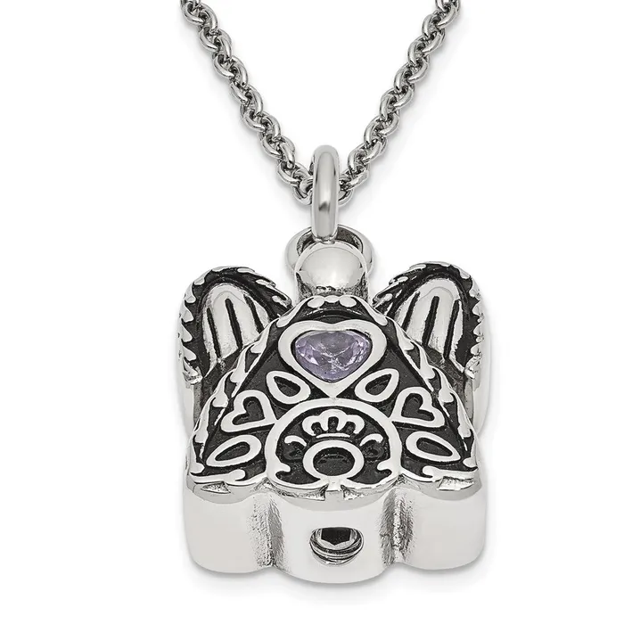 TreasureFineJewelers Necklaces Sentimental Expressions Stainless Steel Light Purple CZ June Birthstone Antiqued Angel Ash Holder 18 inch Necklace