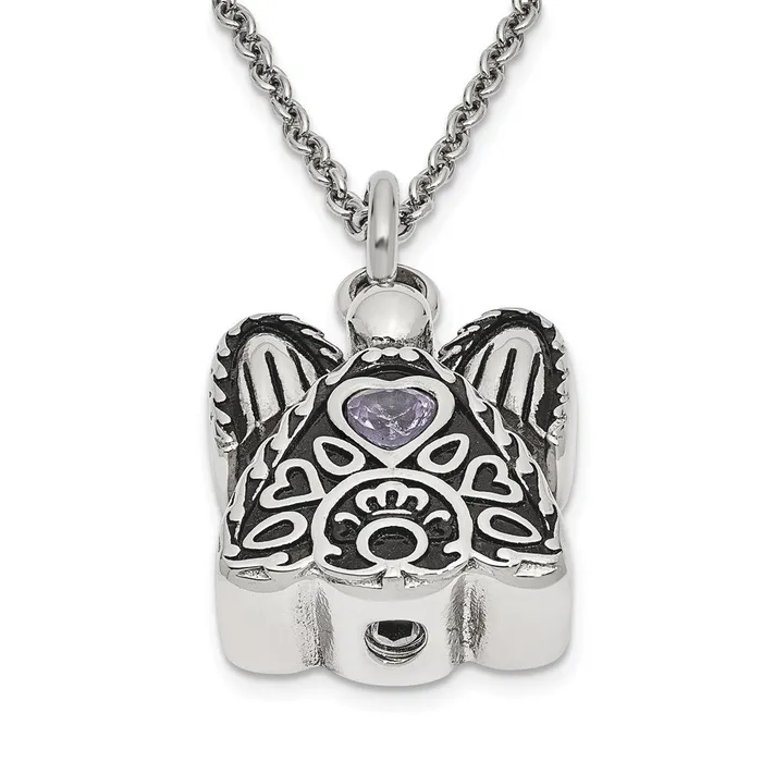 TreasureFineJewelers Necklaces Sentimental Expressions Stainless Steel Light Purple CZ June Birthstone Antiqued Angel Ash Holder 18 inch Necklace