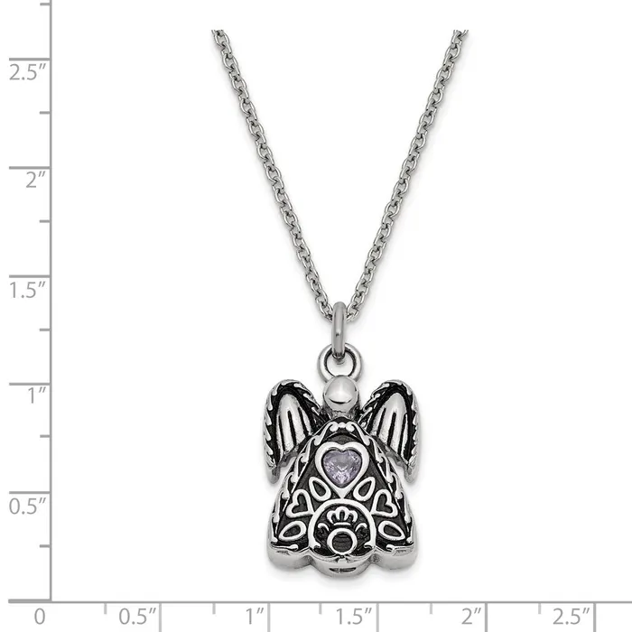 TreasureFineJewelers Necklaces Sentimental Expressions Stainless Steel Light Purple CZ June Birthstone Antiqued Angel Ash Holder 18 inch Necklace