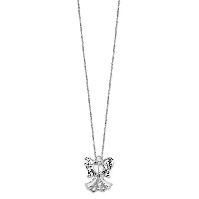 TreasureFineJewelers Necklaces Sentimental Expressions Sterling Silver Rhodiumplated CZ Antiqued Angel of Strength 18in Necklace