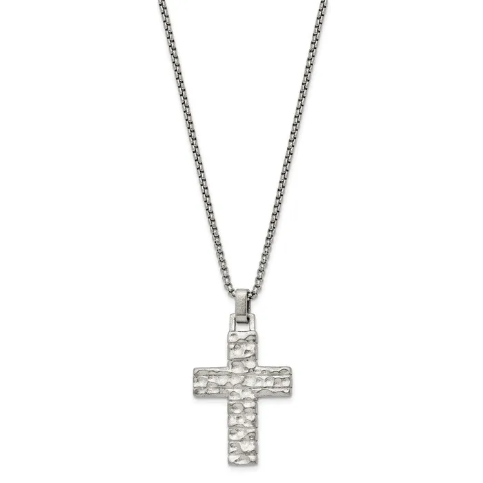 TreasureFineJewelers Necklaces Stainless Steel Brushed Polished Textured Cross 24in Necklace