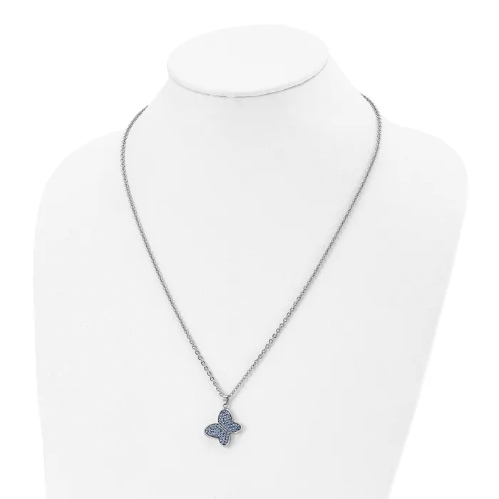 TreasureFineJewelers Necklaces Stainless Steel Polished Blue Crystal Butterfly 22in Necklace