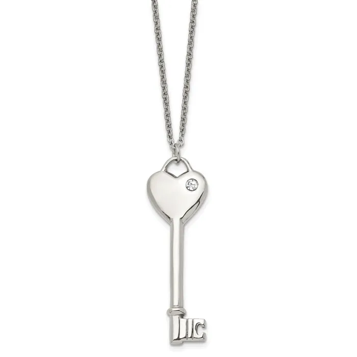 TreasureFineJewelers Necklaces Stainless Steel Polished wCZ Heart Key 20in Necklace