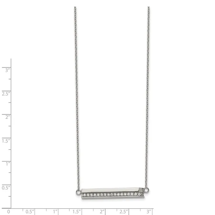 TreasureFineJewelers Necklaces Stainless Steel Polished with CZ Bar 18in with 1in ext Necklace