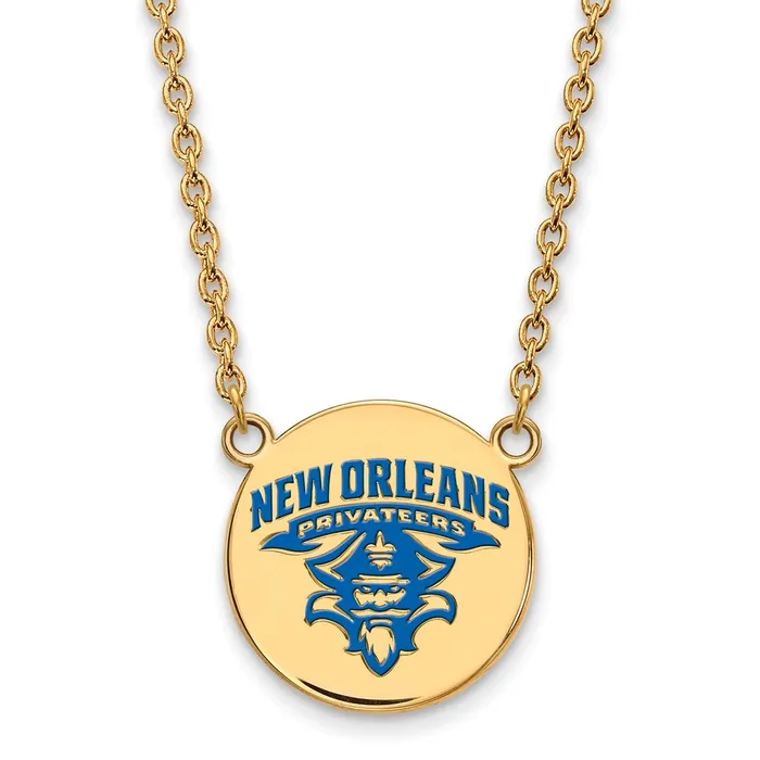 TreasureFineJewelers Necklaces Sterling Silver Goldplated University of New Orleans Privateers Large Enameled Disc 18 inch Necklace