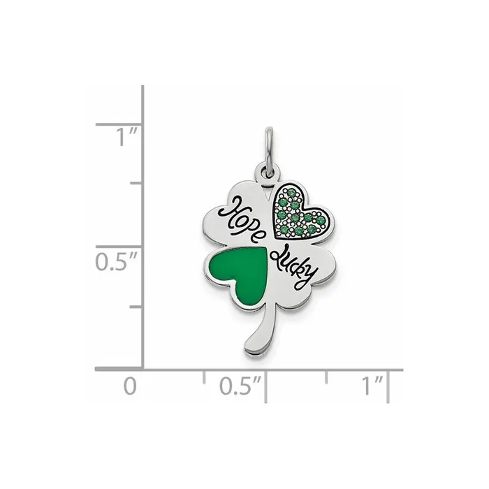 TreasureFineJewelers Necklaces Sterling Silver Polish Enamel Hope Luck Swarovski Zirconia Clover Pendant