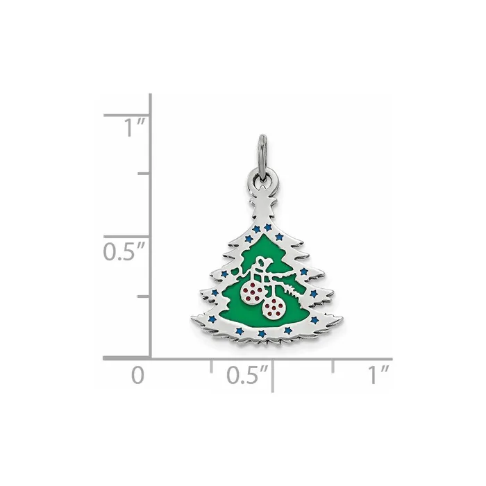 TreasureFineJewelers Necklaces Sterling Silver Polished Green Enameled Christmas Tree Pendant