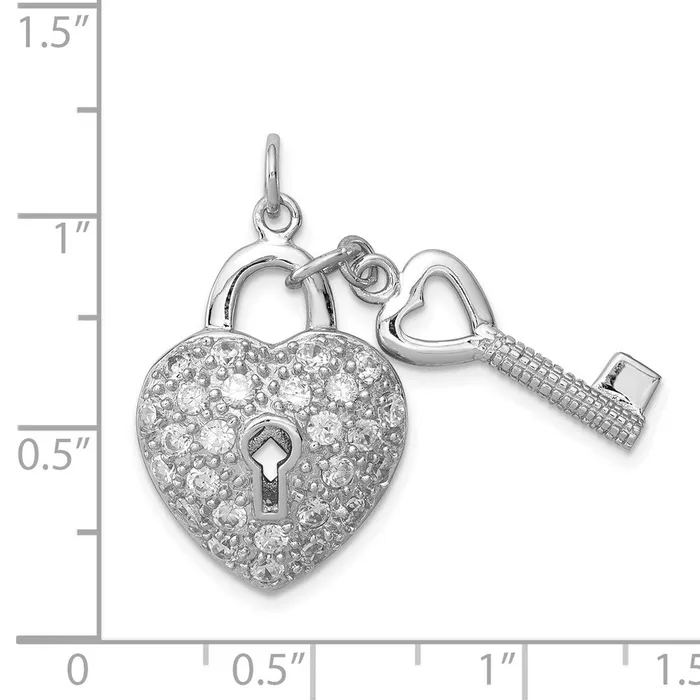 TreasureFineJewelers Necklaces Sterling Silver Rhodiumplated CZ Heart Lock Key Pendant