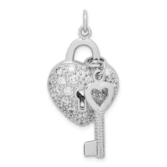 TreasureFineJewelers Necklaces Sterling Silver Rhodiumplated CZ Heart Lock Key Pendant