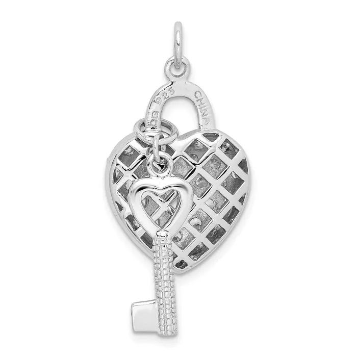 TreasureFineJewelers Necklaces Sterling Silver Rhodiumplated CZ Heart Lock Key Pendant