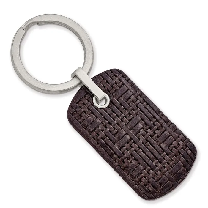 TreasureFineJewelers Rings Chisel Stainless Steel Brushed Brown Woven and Stitched Leather Key Ring TreasureFineJewelers Rings Chisel Stainless Steel Brushed Brown Woven and Stitched Leather Key Ring