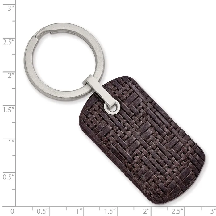 TreasureFineJewelers Rings Chisel Stainless Steel Brushed Brown Woven and Stitched Leather Key Ring