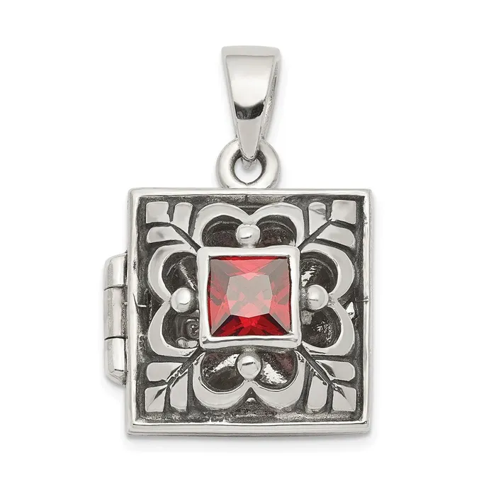 TreasureFineJewelers Rings Sterling Silver Rhodplated PolishedAntiqued Garnet Square 16mm Locket