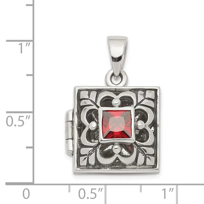 TreasureFineJewelers Rings Sterling Silver Rhodplated PolishedAntiqued Garnet Square 16mm Locket