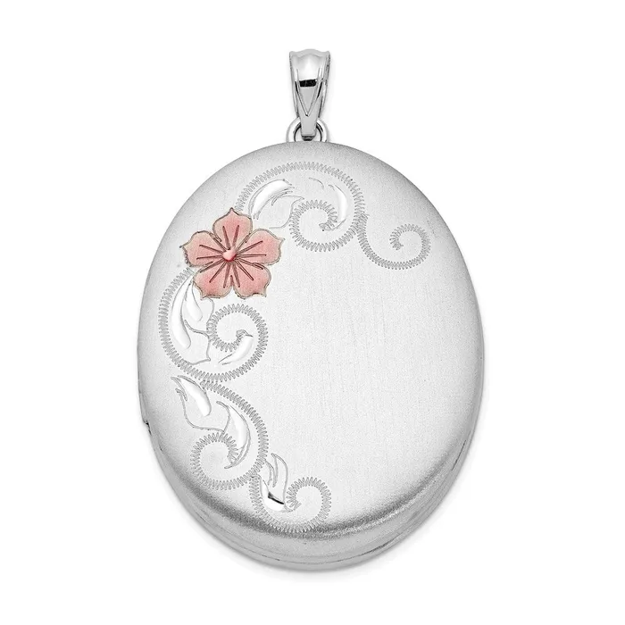 TreasureFineJewelers Rings Sterling Silver Rhodiumplated Satin Enameled Floral 34mm Oval Locket