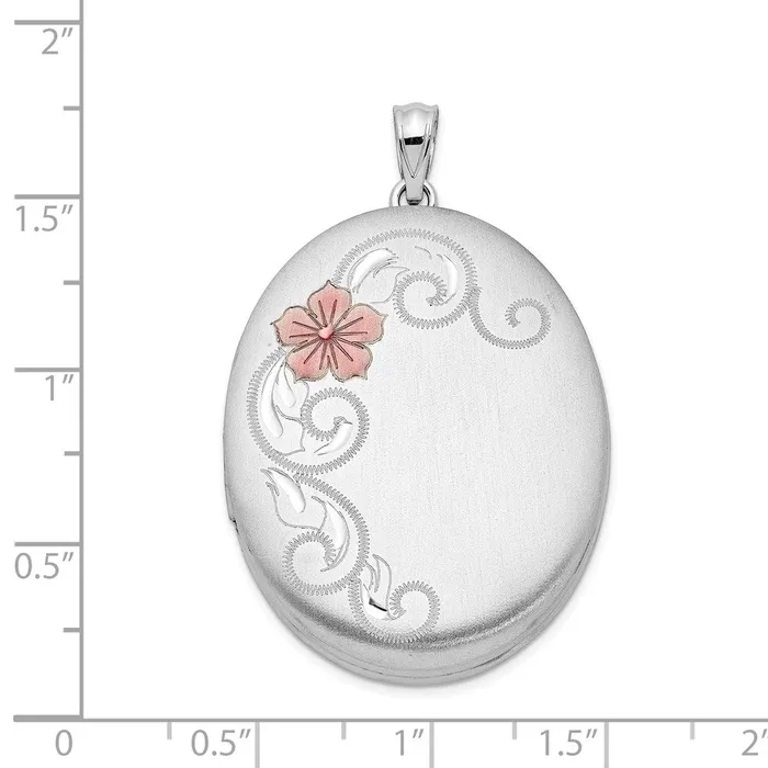 TreasureFineJewelers Rings Sterling Silver Rhodiumplated Satin Enameled Floral 34mm Oval Locket
